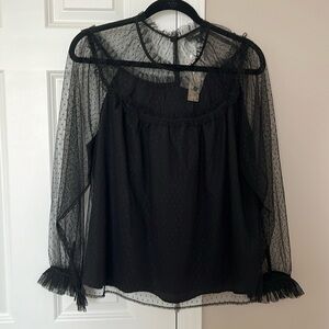 J.Crew Black Dot Tulle Ruffle Trim Top Size L Sheer Blouse NWT